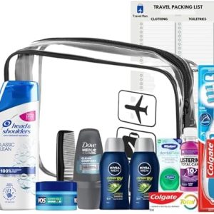 Travel Toiletries Set For Men - Mini Toiletries Travel Kit With Travel Size Essentials, Airport Approved Liquids And Clear Travel Bag With Travel Man Checklist