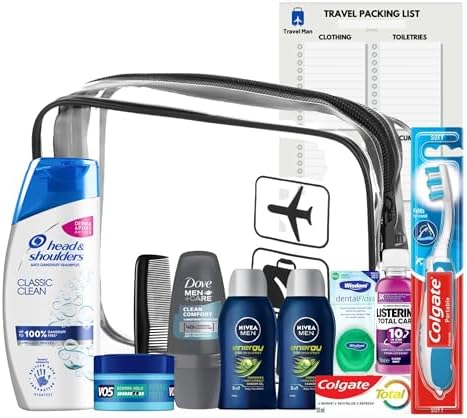 Travel Toiletries Set For Men - Mini Toiletries Travel Kit With Travel Size Essentials, Airport Approved Liquids And Clear Travel Bag With Travel Man Checklist