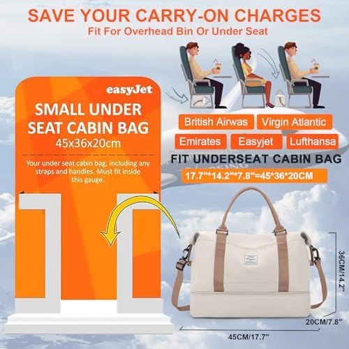 for Easyjet Airlines Underseat Cabin Bag 45X36X20 Weekend Overnight Carry on Holdall for Women Travel Duffel Sport Gym Tote Mum Hospital Bags with Wet Pocket,E10-beige Brown - Image 2
