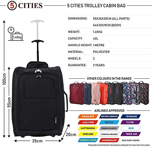 5 Cities 21"/55cm Carry On Lightweight Travel Cabin Approved Trolley Bag with Wheels Suit Case Hand Luggage with 2 Year Warranty - Image 3