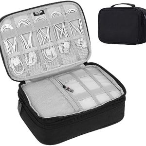 Large Double Layer Travel Cable Organizer Bag, Portable Electronics Accessories Storage Case with 2 Compartments, Black