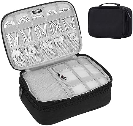 Large Double Layer Travel Cable Organizer Bag, Portable Electronics Accessories Storage Case with 2 Compartments, Black