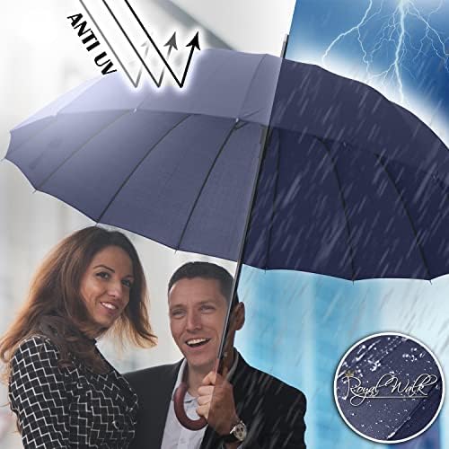 Royal Walk Windproof Umbrella Black Large 54 Inch Automatic Open for 2 Persons Stormproof for Men Women Classic Wooden Handle Lightweight Waterproof Durable Strong 16 Ribs Travel Golf 120cm Navy Blue - Image 7