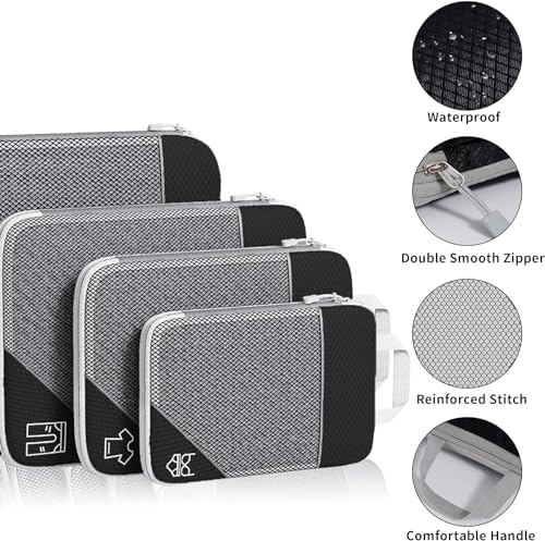 6 PCS Compression Packing Cubes, Black Extensible Ultralight Packing Cubes for Suitcases, Suitcase Organiser Bags Set, Travel Cubes Organiser Bags Packing Cubes for Suitcases Backpack Luggage - Image 4