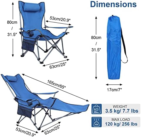 Reclining Camping Chair with Detachable Foot Rest, Folding Lounge Chair for Adults, Portable Folding Chair for Travel Beach Patio, Blue - Image 3