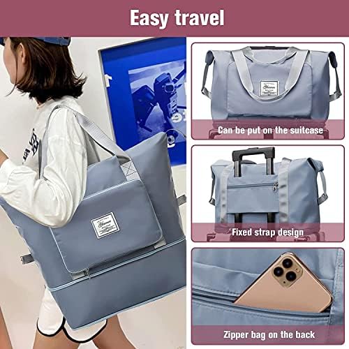 Large Capacity Folding Travel Bag, Lightweight Waterproof Carry on Luggage with Fixed Strap, Dry and Wet Separation Foldable Duffel Bag for Weekender Overnight Sports Gym Bag (Blue) - Image 4