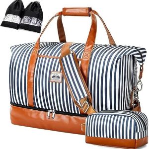 Lekesky Weekend Travel Bags for Women - 50l Foldable Overnight Bag with Shoes Bags & Toiletry Bag & Shoes Compartment, Travel Holdall Bag for Airlines, Maternity Hospital Bag (Striped,50.8*28.4*33cm)