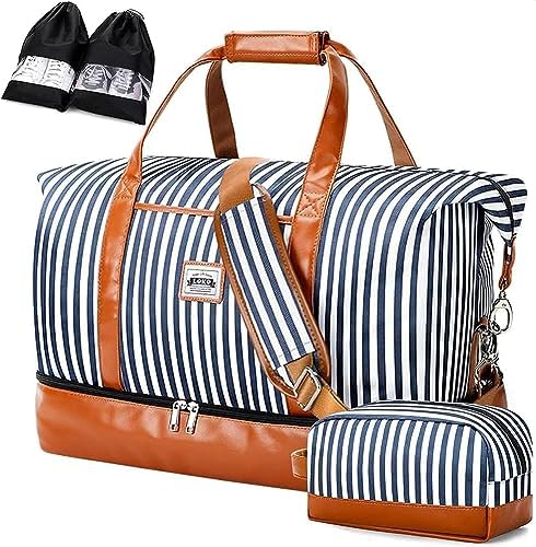 Lekesky Weekend Travel Bags for Women - 50l Foldable Overnight Bag with Shoes Bags & Toiletry Bag & Shoes Compartment, Travel Holdall Bag for Airlines, Maternity Hospital Bag (Striped,50.8*28.4*33cm)