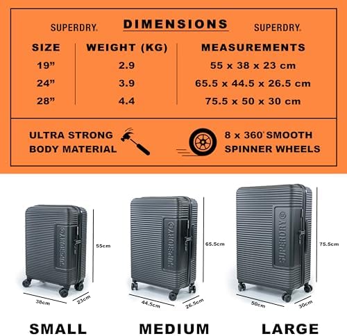 Superdry Hard Shell Travel Suitcases - Lightweight, Robust, TSA Locks, with 8 Smooth Spinner Wheels, Telescopic Trolley, Clothing Retention Straps & High Cap Luggage (Black/Orange, Small) - Image 6