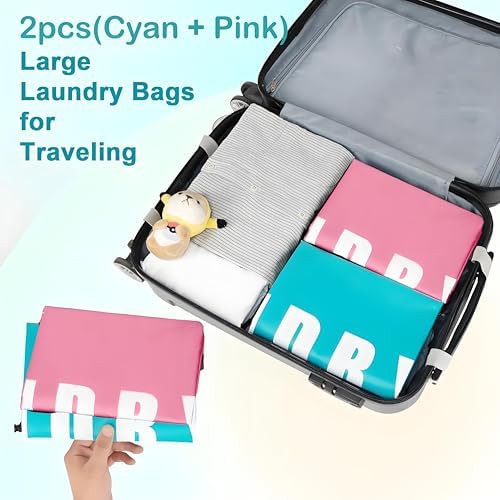 2 Pack Large Laundry Bags, 24" x 36" Portable Laundry Bags with Drawstring Cord, Ideal for Travel, Home, Dormitory, and Camping Use (Cyan + Pink) - Image 6
