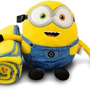 Roamwild Universal Despicable Me Bob Minions Kids Travel Pillow and Travel Blanket Set – Soft Plush Armrest Buddy Transforms Any Armrest Into a Comfy Childs Pillow for Travelling
