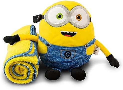 Roamwild Universal Despicable Me Bob Minions Kids Travel Pillow and Travel Blanket Set – Soft Plush Armrest Buddy Transforms Any Armrest Into a Comfy Childs Pillow for Travelling