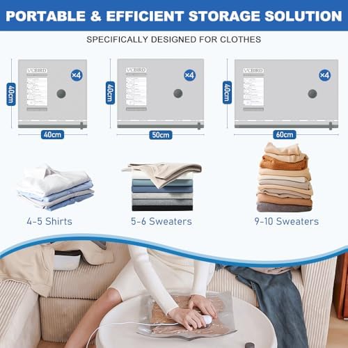 Vacuum Storage Bags with Electric Pumps, 12-Pack Vacuum Bags for Clothes Travel, Reusable, Suitable for Clothing storage, Travel, Luggage and Suitcase Storage - Image 2