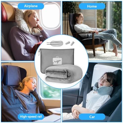 flintronic Travel Blanket and Pillow, 2 in 1 Airplane Blanket with Eye Mask and Ear Plugs, Compact Office Blanket, Lightweight & Portable Pillow for Adults, Kids,Long Flights and Trains (Grey) - Image 7