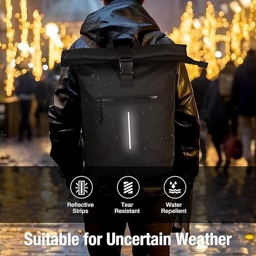 17-Inch Waterproof Laptop Backpack for Men and Women - Lightweight Roll Top Design for School, Travel, Business, Work, and Camping(Black) - Image 2