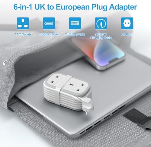UK to European Plug Adapter with 1.5M Extension Cable, BEVA 2 Way 3 USB (2A+1C) Travel Adapter with Retractable USB C Cable for Germany France Spain Turkey Greece Iceland etc (Type E/F) - Image 2