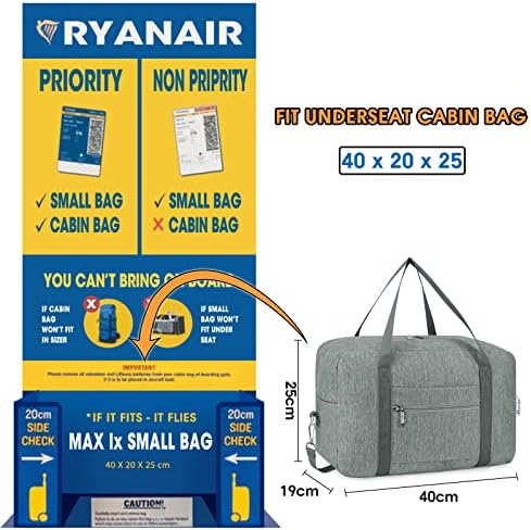 for Ryanair Airlines Cabin Bag 40X20X25 Underseat Foldable Travel Duffel Bag Holdall Tote Carry on Luggage Overnight for Women and Men 20L (Grey (with Shoulder Strap)) - Image 2