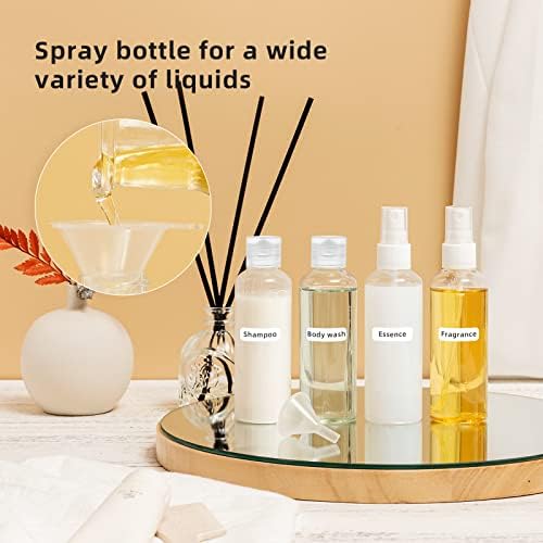 8 Pcs 100ml Plastic Bottles Travel Bottles for Toiletries, Refillable Transparent Liquid Containers Bottle with Funnels and Labels for Travel or Cosmetic (4 spray bottles Perfume +4 Flip Cap Bottles) - Image 4