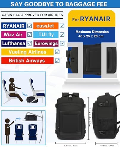 Cabin Bags 40x20x25 for Ryanair Underseat Travel Backpack Hand Luggage Carry-ons Bag Cabin Size 20L for Airplanes Flight Ruscksack Black - Image 2