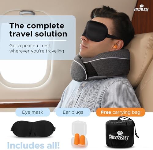 SnoozEasy™ Travel Pillow for Adults | Memory Foam 360 Degree Neck Support with Removable Pillow Case | Includes Travel Bag, Eye Mask and Ear Plugs | Dark Grey | UK Brand - Image 3