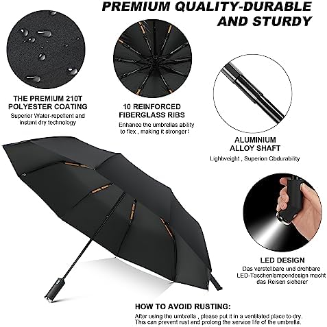 Vicloon Folding Umbrella, Travel Umbrella with LED Light, 10 Ribs Auto Open/Close Golf Umbrella, Compact Windproof Umbrella, Sturdy Reinforced Canopy Automatic Portable Umbrella - Black - Image 3