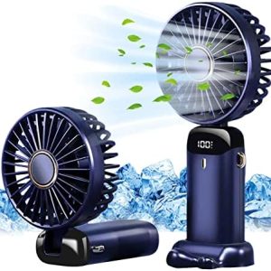 Jsdoin Hand Held Fan,Portable Handheld USB Rechargeable Fans with 5 Speeds,Battery Operated Mini Fan Foldable Desk Desktop Fans with LED Display for Home Office Bedroom Outdoor Travel (DarkBlue)