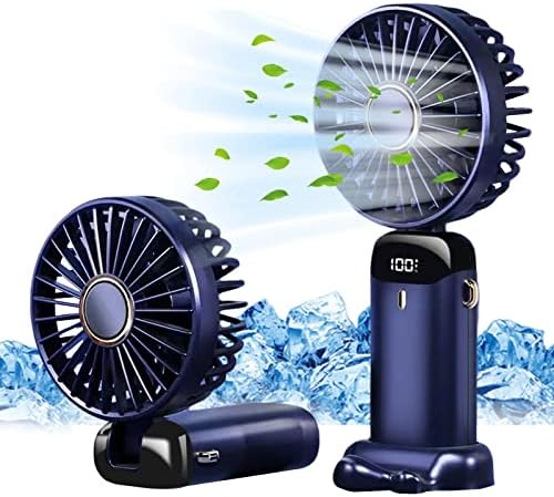 Jsdoin Hand Held Fan,Portable Handheld USB Rechargeable Fans with 5 Speeds,Battery Operated Mini Fan Foldable Desk Desktop Fans with LED Display for Home Office Bedroom Outdoor Travel (DarkBlue)
