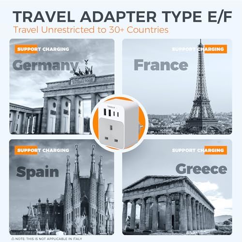 TESSAN UK to European Plug Adapter, 5 in 1 Travel Adapter with 2 USB C and 2 USB A, 3600W European Plug Adaptor, Type E F Travel for Spain France Turkey Germany - Image 5