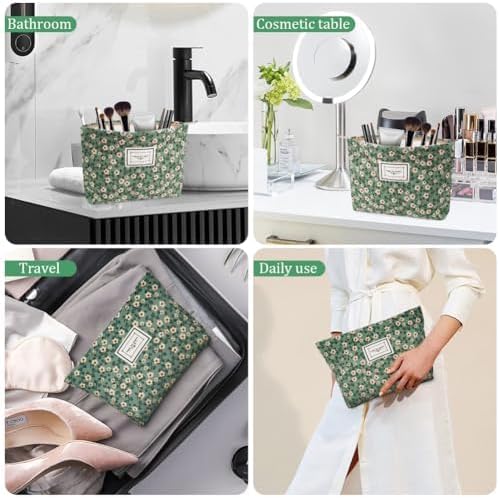 Cosmetic Bags, 2 Pcs Small Floral Canvas Cosmetic Bag, Rose Flower Printing Corduroy Toiletry Bag, Multifunctional Travel Makeup Bag with Metal Zipper for Women Girls Gift - Image 3