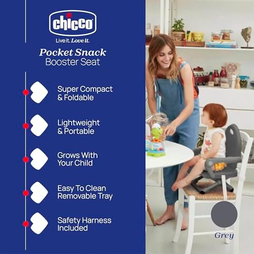 Chicco Pocket Snack Children's Booster Seat, Dark Grey | 6m-3y (15 kg), Portable, Adjustable High Chair, Compact, Removable Tray - Image 3