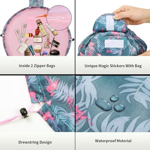 Lazy Drawstring Makeup Bags, Large Capacity Waterproof Travel Portable Cosmetic Bag Pouch Makeup Pouch Storage Organiser for Women Girl (Flamingo) - Image 5