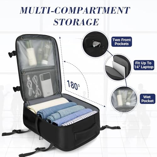 for Ryanair Cabin Bags 40x20x25 Underseat Travel Backpack Carry-Ons Hand Luggage Cabin Bag Size 20L, Daypack School Office Bag with USB Port, Trolley Sleeve, Anti Theft Pocket - Black - Image 4