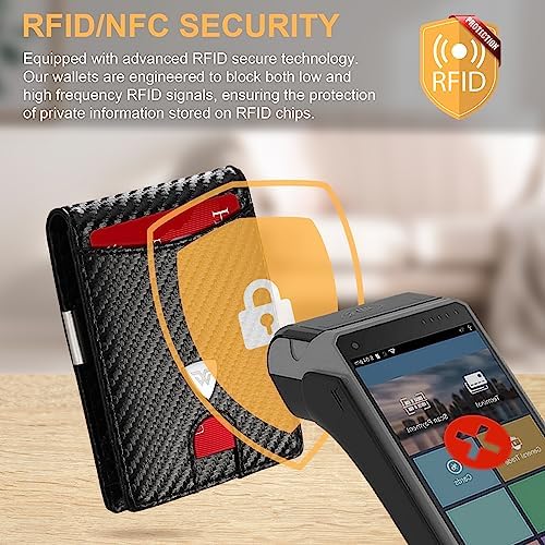 Wallets Mens Slim RFID Blocking Carbon Fiber Leather Wallets for Men UK with up to 12 Credit Card Slots, Strong Money Clip, Minimalist Bi-Fold Mens Wallets with Gift Box - Black - Image 3