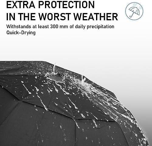 ECOHUB Travel Umbrella Windproof Strong With Compact Foldable, Automatic Open/Close, 10 Sturdy Ribs, Recycled PET Fabric, Wooden Handle & Ventilated Waterproof Canopy - Anti-Lost Sleeve, Black - Image 8