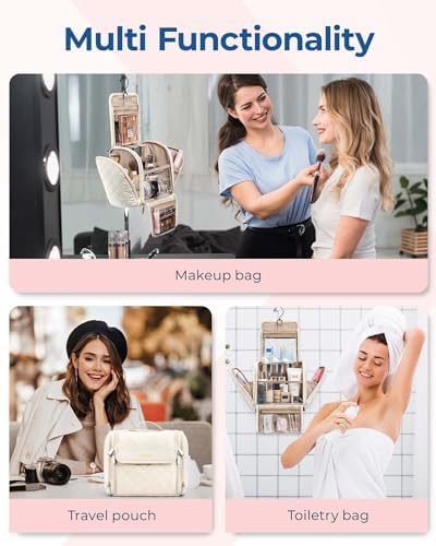 BAGSMART Hanging Makeup Bag for Women Travel Toiletry Bag,Large Capacity Portable Cosmetic Case,Travel Essentials Organizer for Full Sized Cosmetics and Toiletries,Beige - Image 4