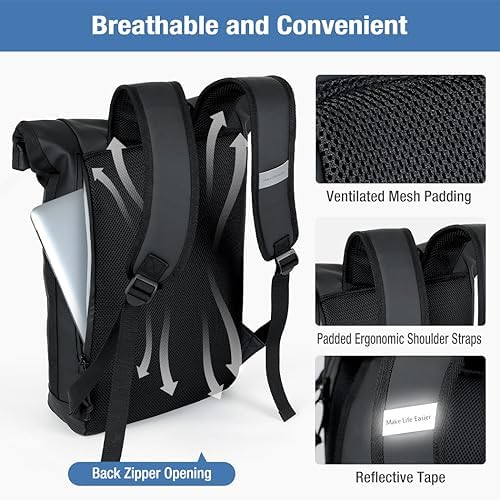 17-Inch Waterproof Laptop Backpack for Men and Women - Lightweight Roll Top Design for School, Travel, Business, Work, and Camping(Black) - Image 5
