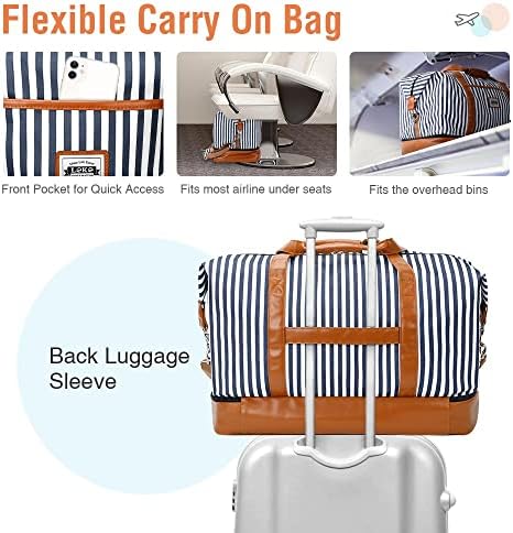 Lekesky Weekend Travel Bags for Women - 50l Foldable Overnight Bag with Shoes Bags & Toiletry Bag & Shoes Compartment, Travel Holdall Bag for Airlines, Maternity Hospital Bag (Striped,50.8*28.4*33cm) - Image 5