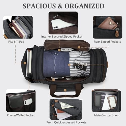 Gonex Expandable Canvas Holdall for Men, 50L / 60L Duffel - Multi-Pockets Overnight Weekend Bag, Unisex Holdall Travel Duffle - Weekender bag, Dark Grey - Image 6