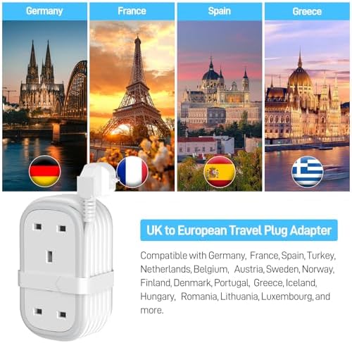 UK to European Plug Adapter with 1.5M Extension Cable, BEVA 2 Way 3 USB (2A+1C) Travel Adapter with Retractable USB C Cable for Germany France Spain Turkey Greece Iceland etc (Type E/F) - Image 3