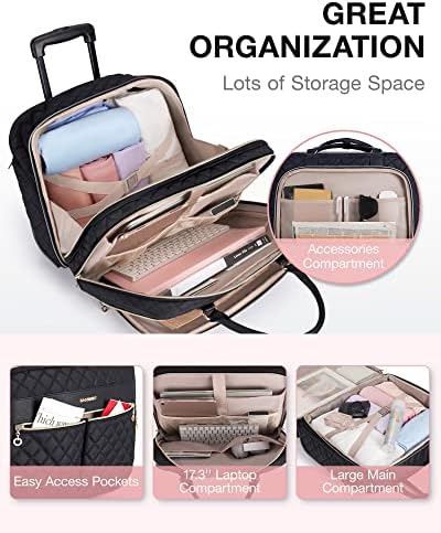bagsmart 17.3 Inch Rolling Laptop Bag Women Men,Rolling Briefcase for Women with Wheels,Rolling Computer Bags Laptop Case for Office Travel Business,Quilted Black - Image 3
