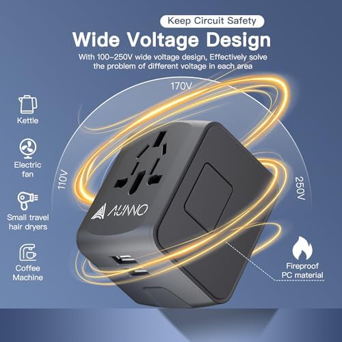 AUNNO Universal Travel Adapter, International Travel Plug Adapter with 1 USB C and 2 USB Ports, All in One Worldwide Plug Adaptor, UK to European Power Universal Plug Adaptor for EU USA Australia - Image 3