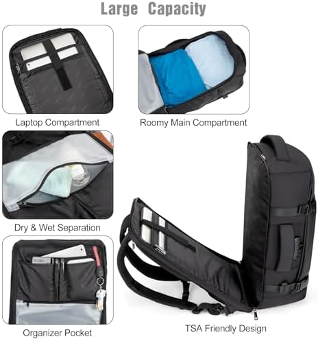 Tzowla Travel Laptop Backpack Cabin Size 40L Mens Womens,Carry on Large Capacity Anti Theft Backpacks for Travelling with USB Charging Port,Business Causal Daypack Bag Fits 17.3Inch Laptop,Black - Image 3