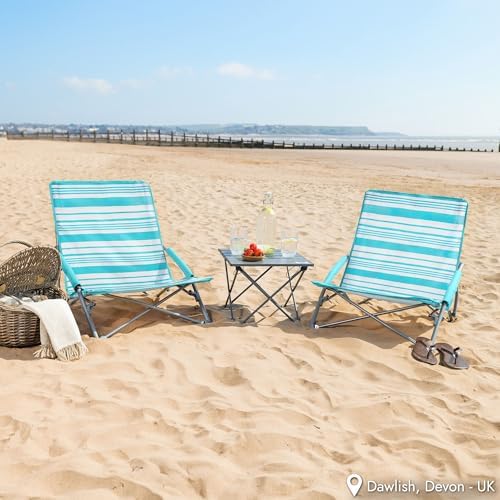 Trail Low Folding Beach Chair, Lightweight Portable Deck Sun Lounger Seat, Camping Festival Picnic Garden, Padded Armrests, Anti Sink Feet, Carry Bag with Strap (Blue Stripe) - Image 2