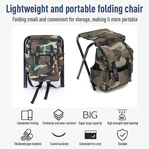 Fishing Stool Folding Camping Chair with Backpack Waterproof Portable Rucksack with Seat 100kg Max Load for Hiking Fishing Picnic Travel - Image 5