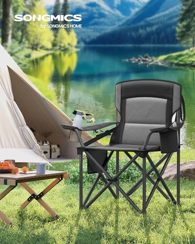 SONGMICS Camping Chair, Folding Outdoor Chair with Cup Holder, for Fishing, Foam Padding, Foldable, Weight Capacity 205 kg, High Backrest, Ink Black GCB066B01 - Image 3