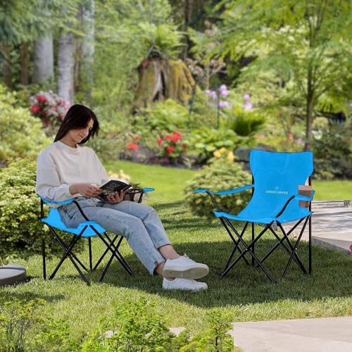 Green Haven Folding Camping Chair - Blue Lightweight Picnic Chair w/Cup Holder, 600D Polyester & Rip Stop, Heavy Duty Steel Frame Arm Portable Comfy for Outdoor Camping - Image 2