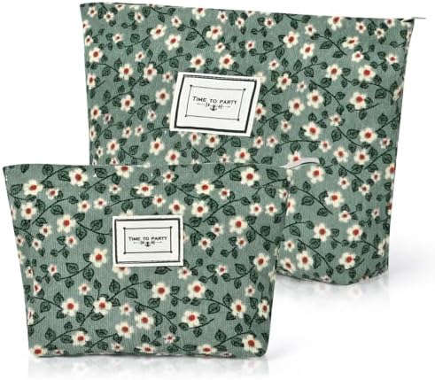 Cosmetic Bags, 2 Pcs Small Floral Canvas Cosmetic Bag, Rose Flower Printing Corduroy Toiletry Bag, Multifunctional Travel Makeup Bag with Metal Zipper for Women Girls Gift