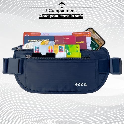 EGOO - Ultralight RFID Money Belt with Adjustable Elastic Strap for Travel Hidden Security Waist Money Pouch with Multi-Pocket + 3 RFID Card Protector Sleeve (Black) - Image 6
