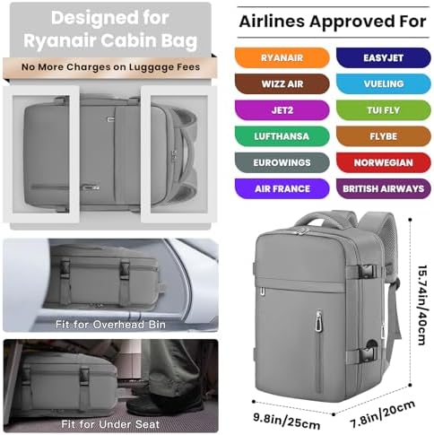 Cabin Bags 40×20×25 for Ryanair Underseat Carry-ons Travel Backpack Hand Luggage Bag Cabin Size 20L Flight Rucksack Casual Daypack School Office Backpack Fit 14 Inch Laptop-Grey - Image 2