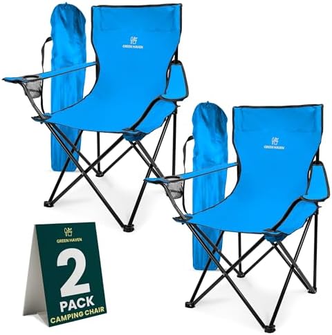 Green Haven Folding Camping Chair - Blue Lightweight Picnic Chair w/Cup Holder, 600D Polyester & Rip Stop, Heavy Duty Steel Frame Arm Portable Comfy for Outdoor Camping